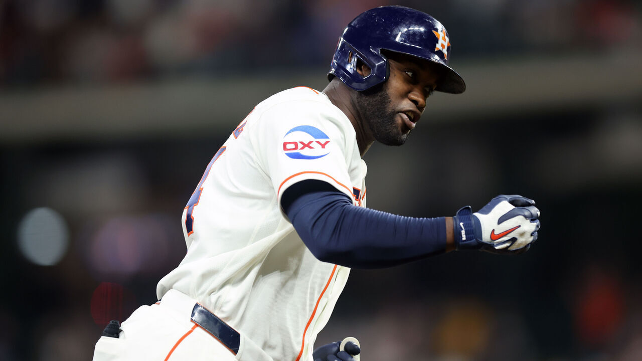 HOUSTON, TX - JULY 22: Yordan Alvarez #44 of the Houston Astros rounds the bases after hitting a two run home run in the eighth inning during the game between the Miami Marlins and the Houston Astros at Daikin Park on Wednesday, July 22, 2026 in Houston, Texas.