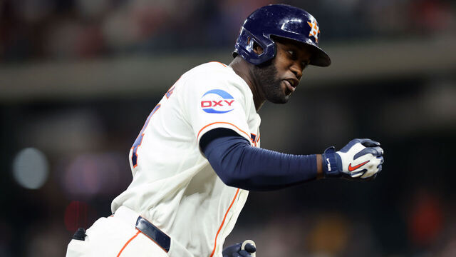 HOUSTON, TX - JULY 22: Yordan Alvarez #44 of the Houston Astros rounds the bases after hitting a two run home run in the eighth inning during the game between the Miami Marlins and the Houston Astros at Daikin Park on Wednesday, July 22, 2026 in Houston, Texas.