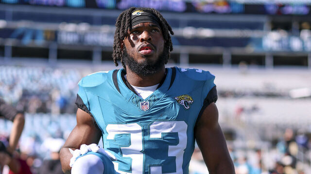 JACKSONVILLE, FLORIDA - DECEMBER 14: Bhayshul Tuten #33 of the Jacksonville Jaguars looks on prior to an NFL 2025 game against the New York Jets at Everbank Stadium on December 14, 2025 in Jacksonville, Florida.