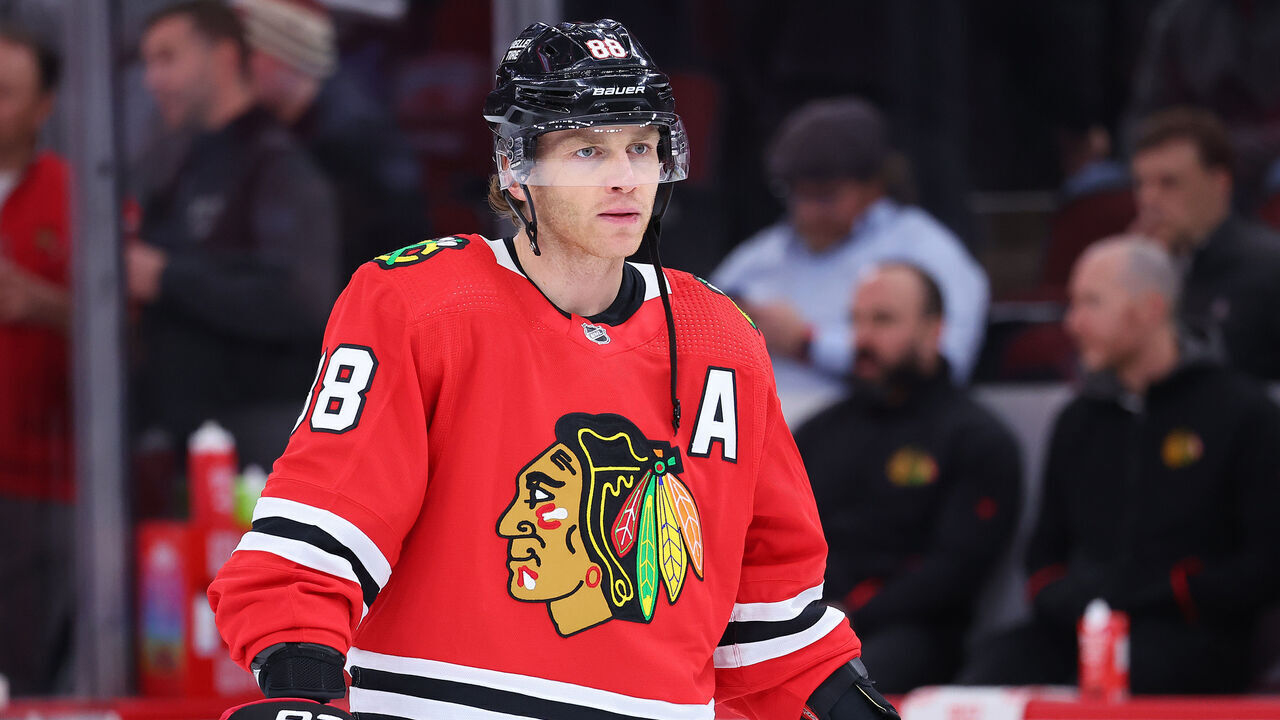 CHICAGO, ILLINOIS - FEBRUARY 21: Patrick Kane #88 of the Chicago Blackhawks looks on prior to the game against the Vegas Golden Knights at United Center on February 21, 2023 in Chicago, Illinois.