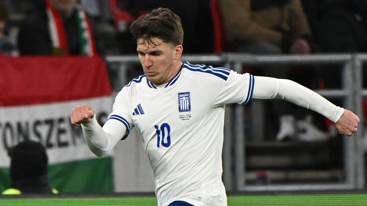 Greece's forward #10 Christos Tzolis plays the ball during a friendly football match between Hungary and Greece at the Puskas Arena in Budapest, Hungary on March 31, 2026.