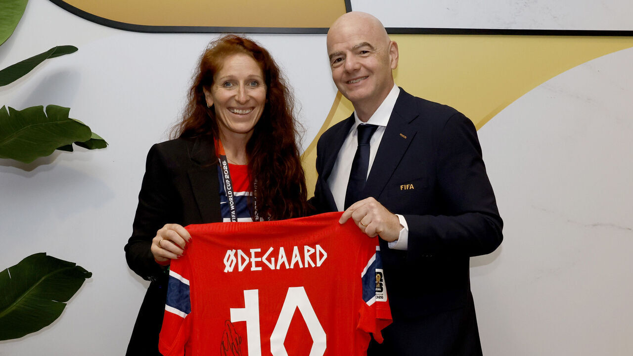 MIAMI GARDENS, FLORIDA - JULY 11: FIFA President Gianni Infantino and Lise Klaveness, President of the Norwegian Football Federation during the FIFA World Cup 2026 Quarter Final match between Norway and England at Miami Stadium on July 11, 2026 in Miami Gardens, Florida.