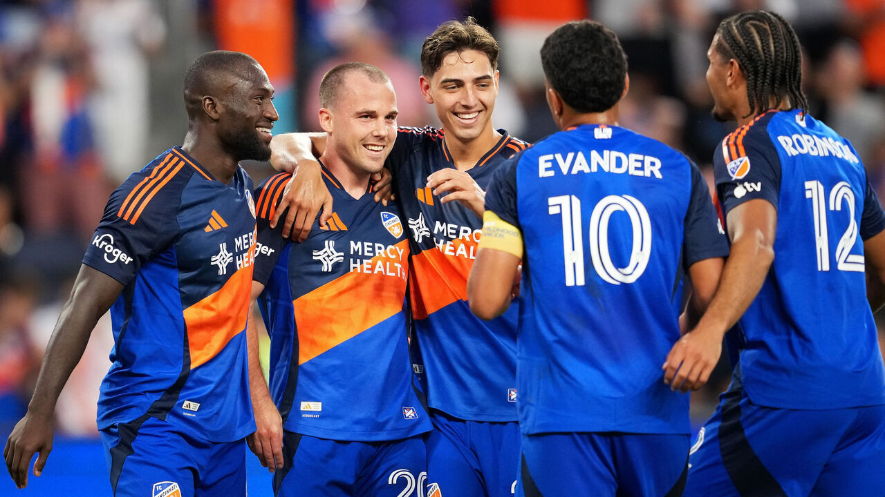CINCINNATI, OHIO - JULY 22: Pavel Bucha #20 of FC Cincinnati celebrates with teammates after scoring the team's fourth goal during the second half of an MLS soccer match against Vancouver Whitecaps FC at TQL Stadium on July 22, 2026 in Cincinnati, Ohio.