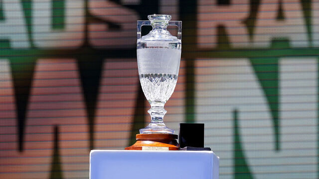 The Waterford Crystal Ashes Trophy stands on a plinth with a board reading 'Australia wins' on day five of the fifth NRMA Insurance Ashes Series 2025 test at the Sydney Cricket Ground, Australia. Picture date: Thursday January 8, 2026.