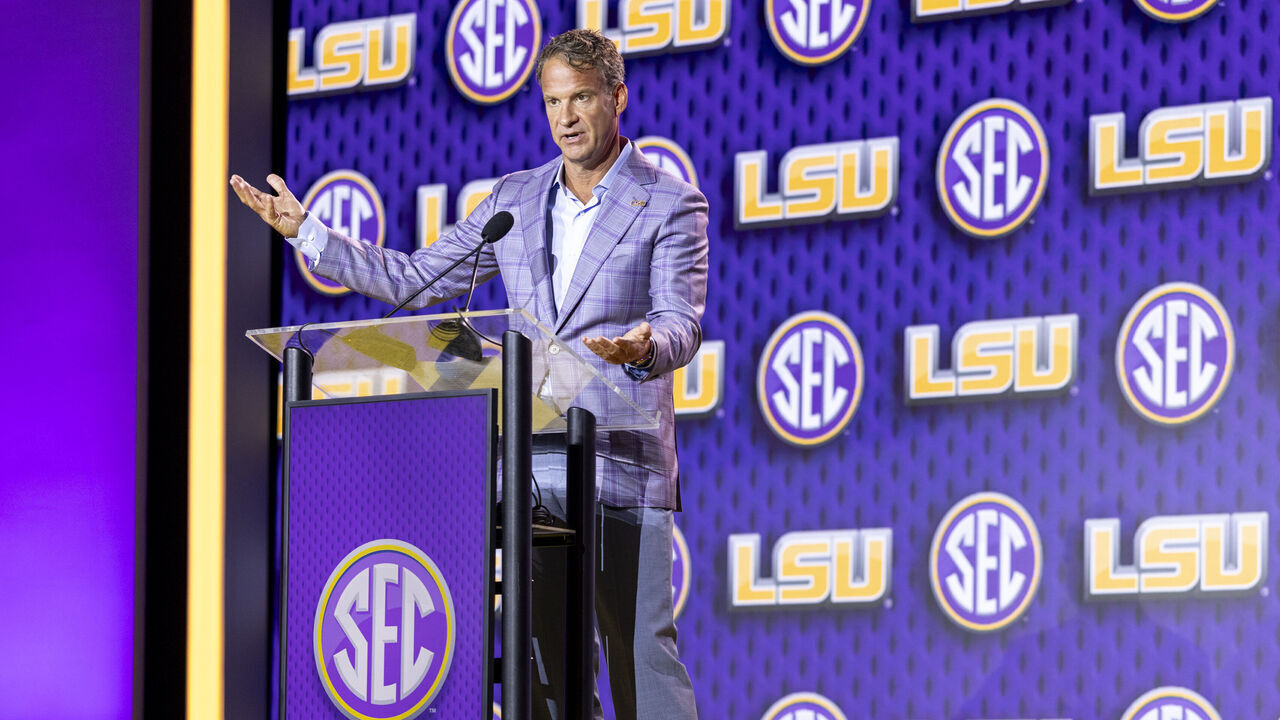 TAMPA, FLORIDA - JULY 23: Head Coach Lane Kiffin of the LSU Tigers speaks at SEC Football Kickoff Media Day at Tampa Marriott Water Street on July 23, 2026 in Tampa, Florida.