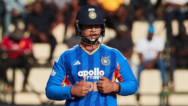India's Vaibhav Suryavanshi celebrates 50 runs during the first match in the One Day International cricket series played between Zimbabwe and India at Harare Sports Club on July 23, 2026 in Harare.