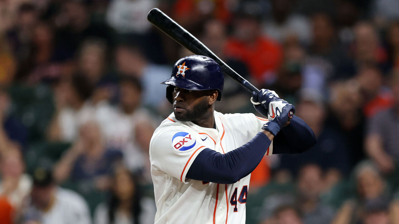 HOUSTON, TX - JULY 22: Yordan Alvarez #44 of the Houston Astros bats during the game between the Miami Marlins and the Houston Astros at Daikin Park on Wednesday, July 22, 2026 in Houston, Texas.