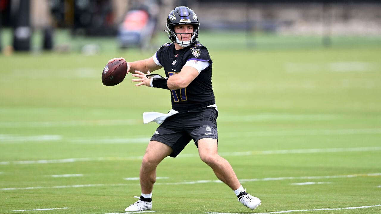 OWINGS MILLS, MARYLAND - JUNE 09: Diego Pavia #17 of the Baltimore Ravens throws a pass during Baltimore Ravens Mandatory Minicamp at Under Armour Performance Center on June 09, 2026 in Owings Mills, Maryland.