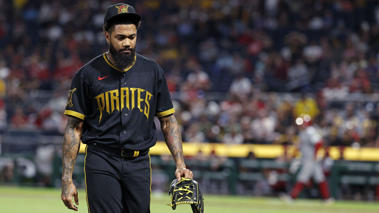 PITTSBURGH, PA - JUNE 26: Dennis Santana (60) of the Pittsburgh Pirates walks off the field in between innings during a MLB game against the Cincinnati Reds on June 26, 2026 at PNC Park in Pittsburgh, Pennsylvania.