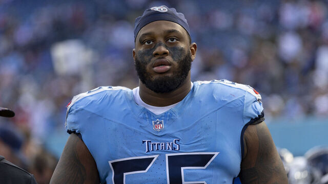 NASHVILLE, TENNESSEE - OCTOBER 19: JC Latham #55 of the Tennessee Titans looks on during the NFL 2025 game against the New England Patriots at Nissan Stadium on October 19, 2025 in Nashville, Tennessee.