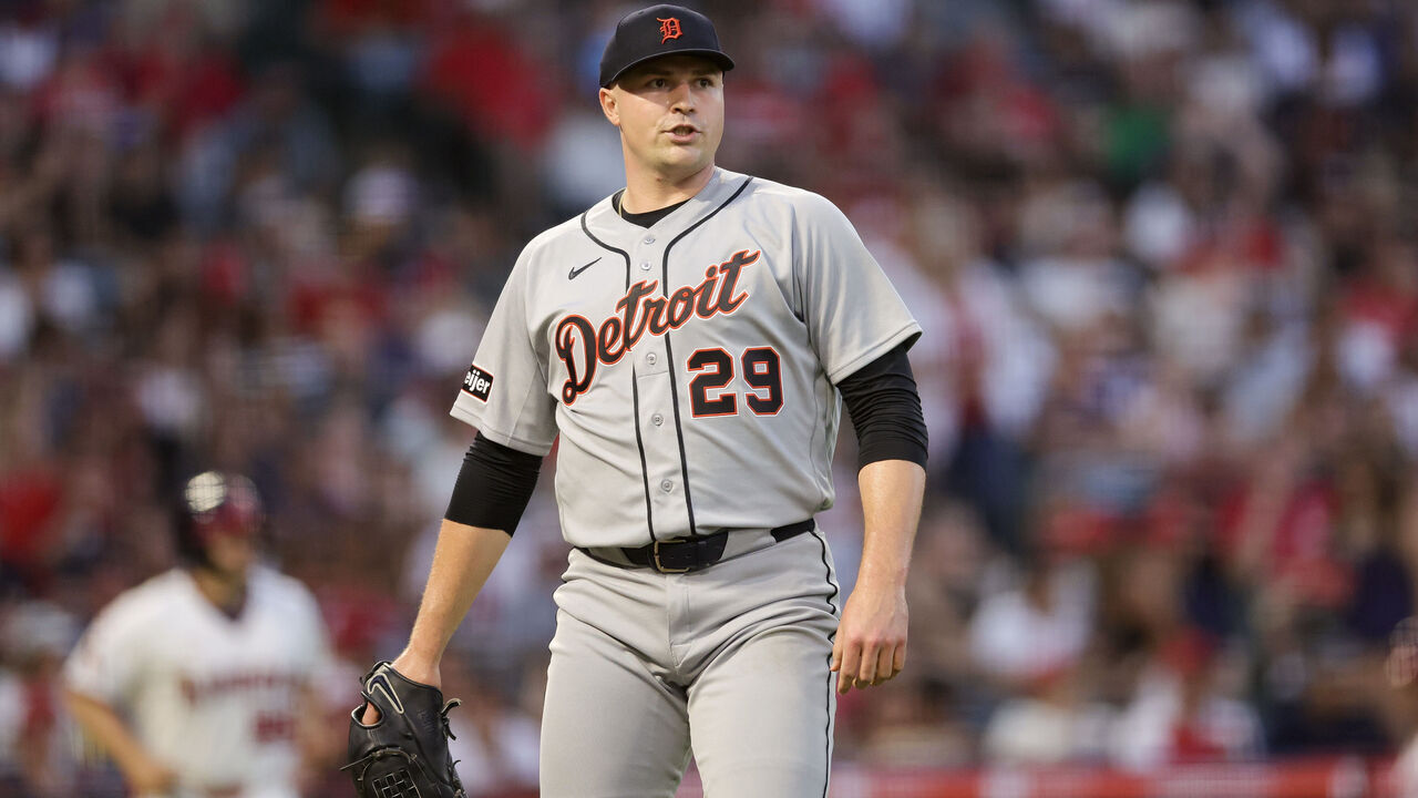 ANAHEIM, CALIFORNIA - JULY 18: Tarik Skubal #29 of the Detroit Tigers looks on during the third inning against the Los Angeles Angels at Angel Stadium of Anaheim on July 18, 2026 in Anaheim, California.