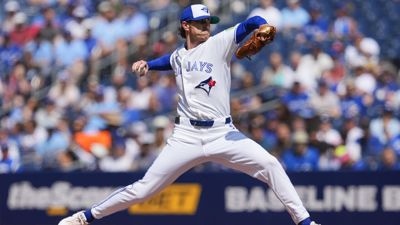 TORONTO, CANADA - JULY 23: Shane Bieber #57 of the Toronto Blue Jays pitches against the Tampa Bay Rays during the first inning in their MLB game at the Rogers Centre on July 23, 2026 in Toronto, Ontario, Canada.