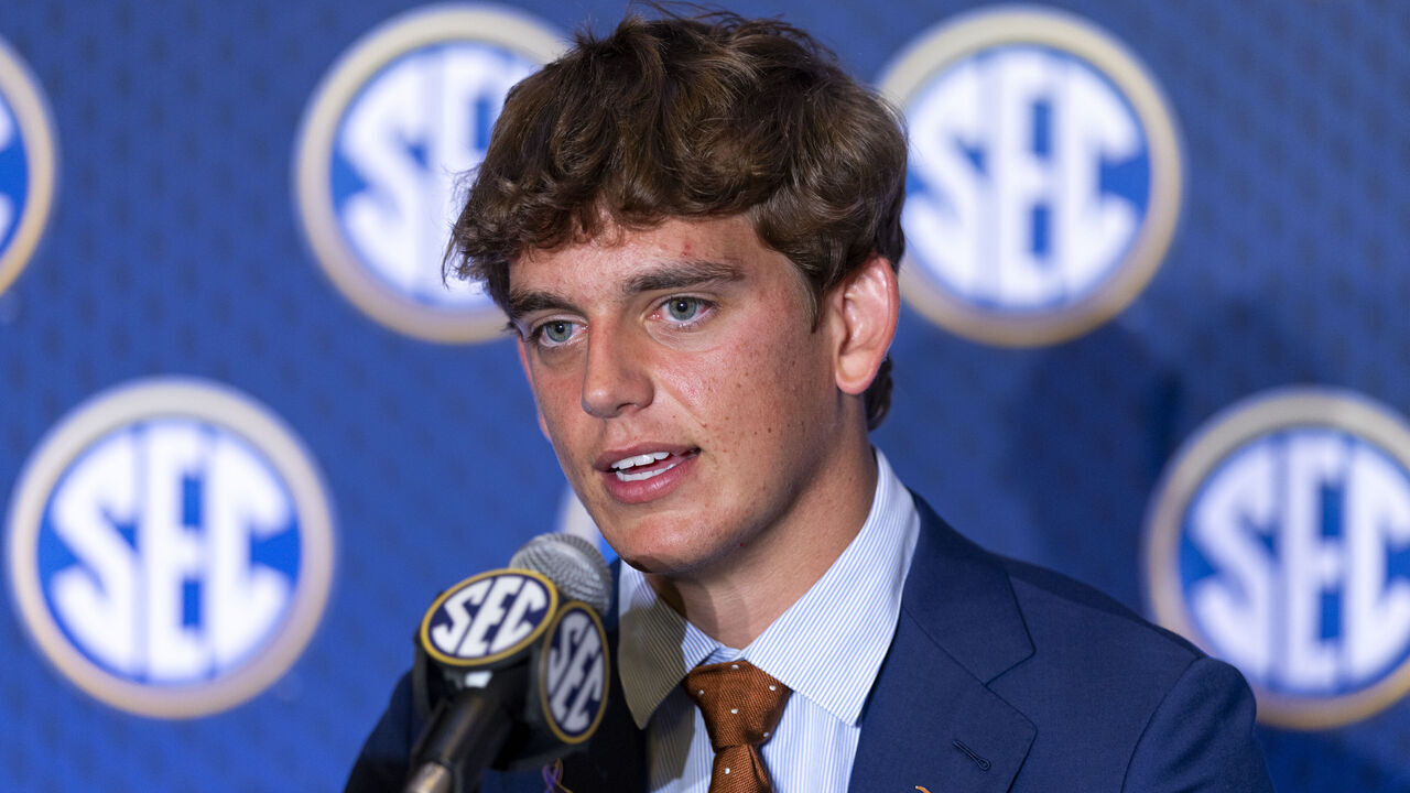 TAMPA, FLORIDA - JULY 23: Quarterback Arch Manning #16 of the Texas Longhorns speaks at SEC Football Kickoff Media Day at Tampa Marriott Water Street on July 23, 2026 in Tampa, Florida.
