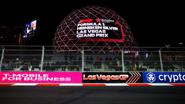 LAS VEGAS, NV - NOVEMBER 21: The MSG Sphere displays the logo of the Formula 1 Heineken Silver Las Vegas Grand Prix on the Las Vegas Strip Circuit on November 21, 2024 in Las Vegas, Nevada.