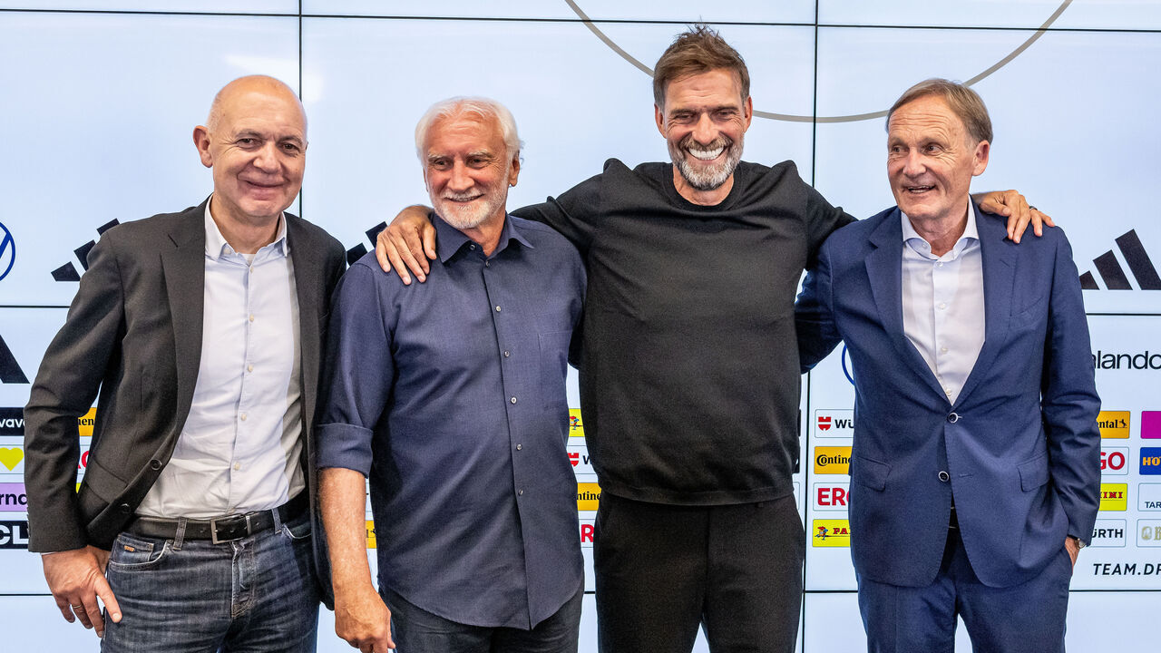 FRANKFURT AM MAIN, GERMANY - JULY 24: Bernd Neuendorf (DFB-President), Director of Germany's national football team Rudi Voeller, Jurgen Klopp (Head coach of the german national team) and Hans-Joachim Watzke (L-R/ DFL-President) pose for a group photo at DFB-Campus on July 24, 2026 in Frankfurt am Main, Germany.