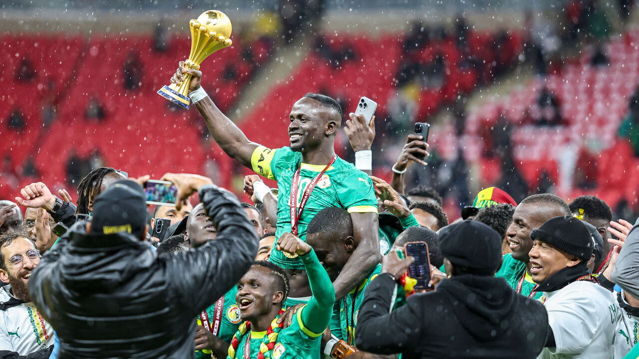 Rabat, Morocco - January 18: Senegal's Sadio Mane celebrates winning with the trophy in his hands during the Africa Cup Of Nations Final match between Senegal and Morocco at Prince Moulay Abdellah Stadium on January 18, 2026 in Rabat, Morocco.