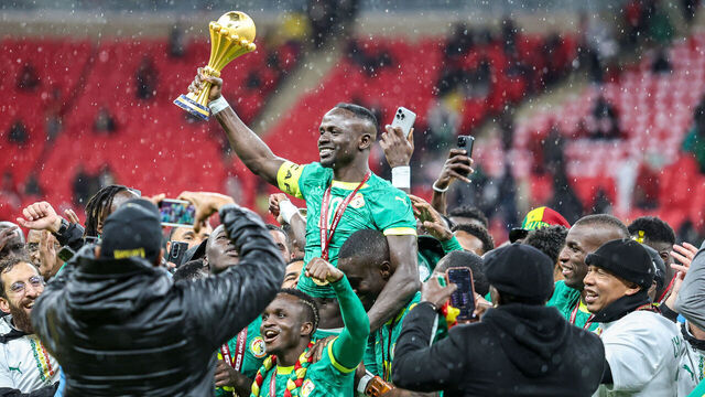 Rabat, Morocco - January 18: Senegal's Sadio Mane celebrates winning with the trophy in his hands during the Africa Cup Of Nations Final match between Senegal and Morocco at Prince Moulay Abdellah Stadium on January 18, 2026 in Rabat, Morocco.