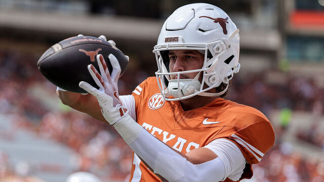AUSTIN, TEXAS - SEPTEMBER 13: Parker Livingstone #13 of the Texas Longhorns catches a pass before the game against the UTEP Miners at Darrell K Royal-Texas Memorial Stadium on September 13, 2025 in Austin, Texas.