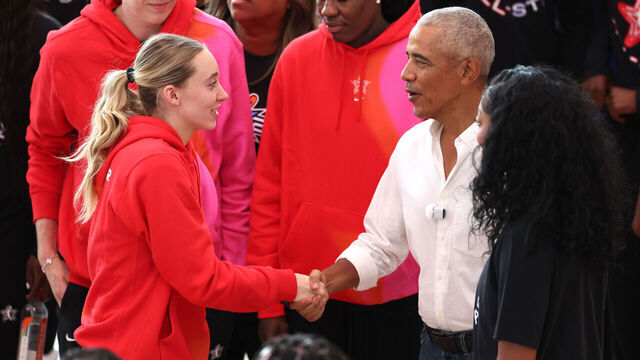 CHICAGO, ILLINOIS - JULY 24: Former U.S. President Barack Obama (R) shakes hands with Paige Bueckers #5 of the Dallas Wings during the AT&T WNBA All-Star 2026 Practice at the Obama Presidential Center on July 24, 2026 in Chicago, Illinois.