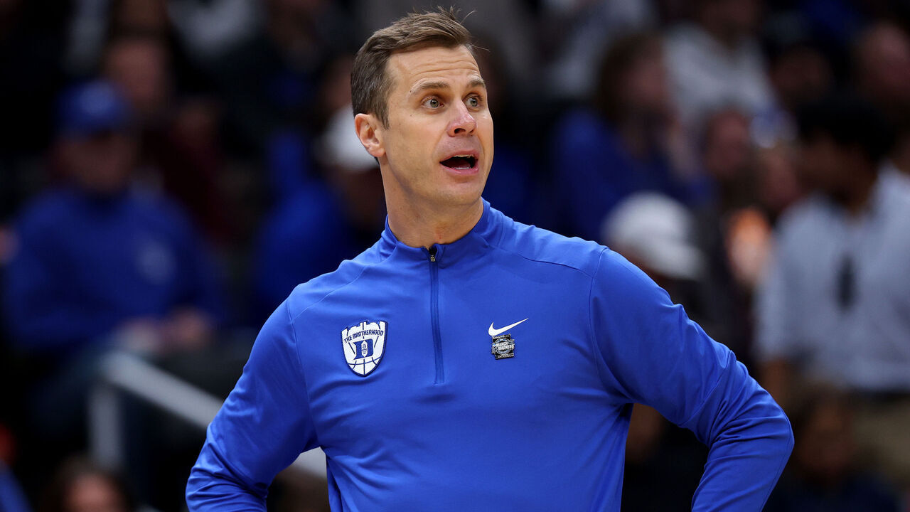 WASHINGTON, DC - MARCH 29: Head coach Jon Scheyer of the Duke Blue Devils looks on during the second half of a game against the UConn Huskies in the Elite Eight of the 2026 NCAA Men's Basketball Tournament at Capital One Arena on March 29, 2026 in Washington, DC.