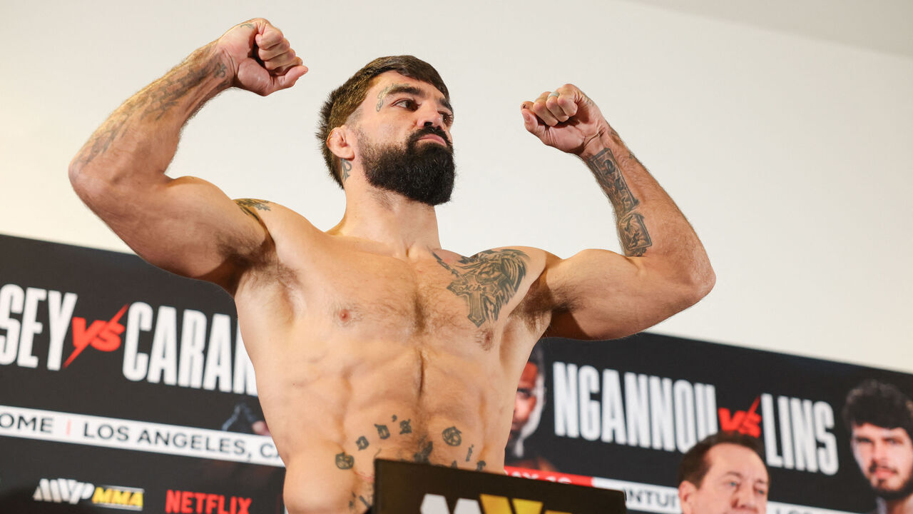 US Mixed Martial Arts (MMA) fighter Mike Perry weighs in during the official weigh-in ahead of the Most Valuable Promotions (MVP) and Netflix Professional MMA fight in Manhattan Beach, California on May 15, 2026.