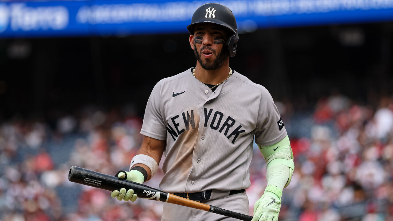 WASHINGTON, DC - JULY 12: José Caballero #72 of the New York Yankees at bat against the Washington Nationals during the ninth inning at Nationals Park on July 12, 2026 in Washington, DC.