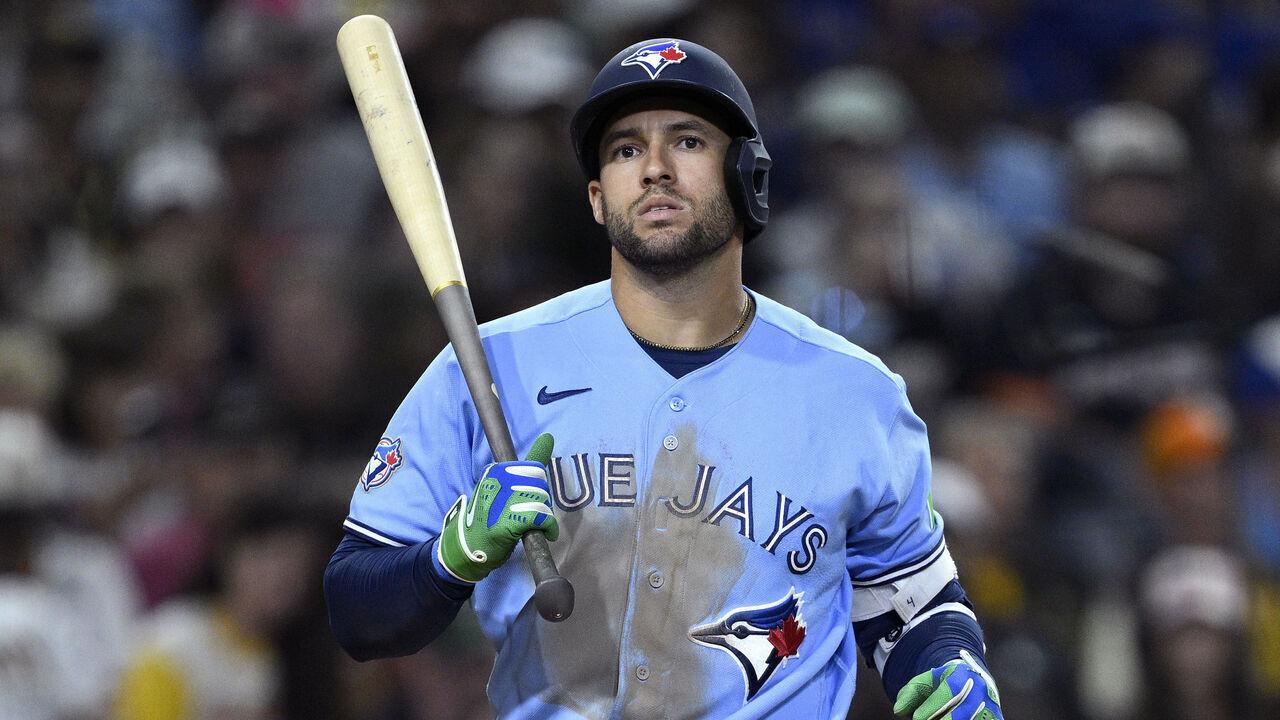 SAN DIEGO, CALIFORNIA - JULY 10: George Springer #4 of the Toronto Blue Jays bats during the seventh inning against the San Diego Padres at Petco Park on July 10, 2026 in San Diego, California.