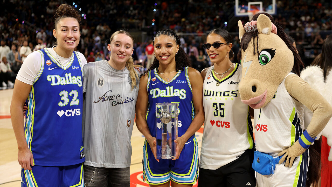 CHICAGO, ILLINOIS - JULY 24: (L-R) Jessica Shepard #32, Paige Bueckers #5, Azzi Fudd #35 and Alysha Clark #7 of the Dallas Wings pose after the Kia WNBA Skills Challenge STARRY 3-Point Contest in the AT&T WNBA All-Star 2026 at Wintrust Arena on July 24, 2026 in Chicago, Illinois.