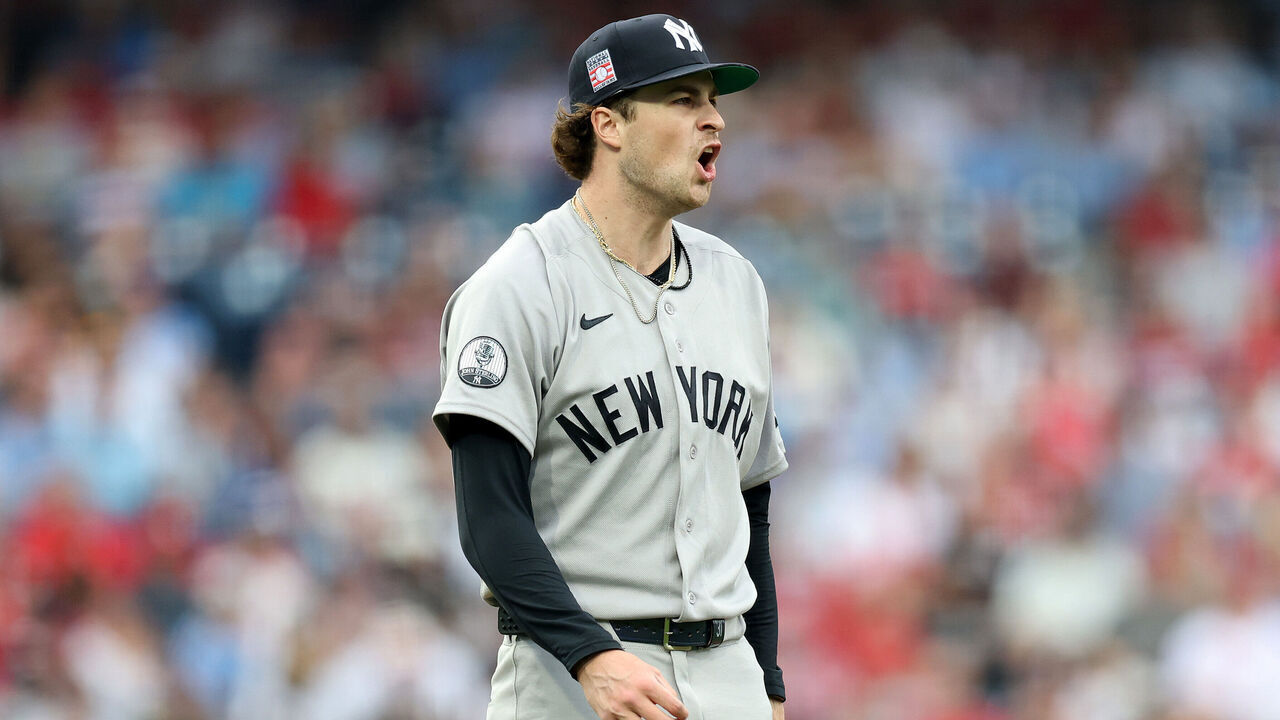 PHILADELPHIA, PENNSYLVANIA - JULY 24: Cam Schlittler #31 of the New York Yankees reacts after a strikeout in the first inning during a game against the Philadelphia Phillies at Citizens Bank Park on July 24, 2026 in Philadelphia, Pennsylvania.