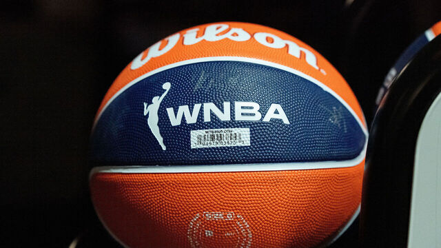 UNCASVILLE, CT - JUNE 22: The WNBA logo on a Wilson Connecticut Sun Tribute basketball before the WNBA game between the Chicago Sky and the Connecticut Sun on June 22, 2026 at Mohegan Sun Arena in Uncasville, CT.