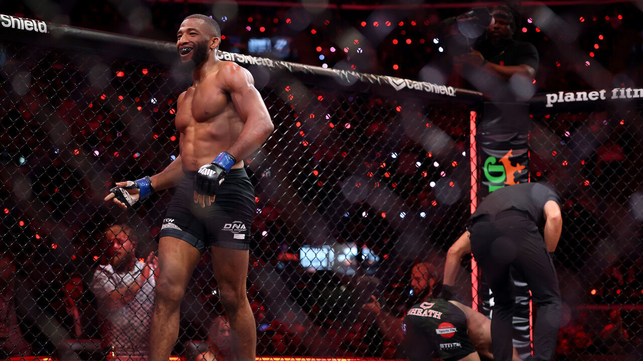 INGLEWOOD, CALIFORNIA - MAY 16: Salahdine Parnasse celebrates after defeating Kenneth Cross by knockout in their lightweight bout during the main card of Netflix's Ronda Rousey vs. Gina Carano at Intuit Dome on May 16, 2026 in Inglewood, California.