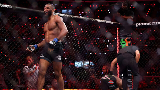 INGLEWOOD, CALIFORNIA - MAY 16: Salahdine Parnasse celebrates after defeating Kenneth Cross by knockout in their lightweight bout during the main card of Netflix's Ronda Rousey vs. Gina Carano at Intuit Dome on May 16, 2026 in Inglewood, California.