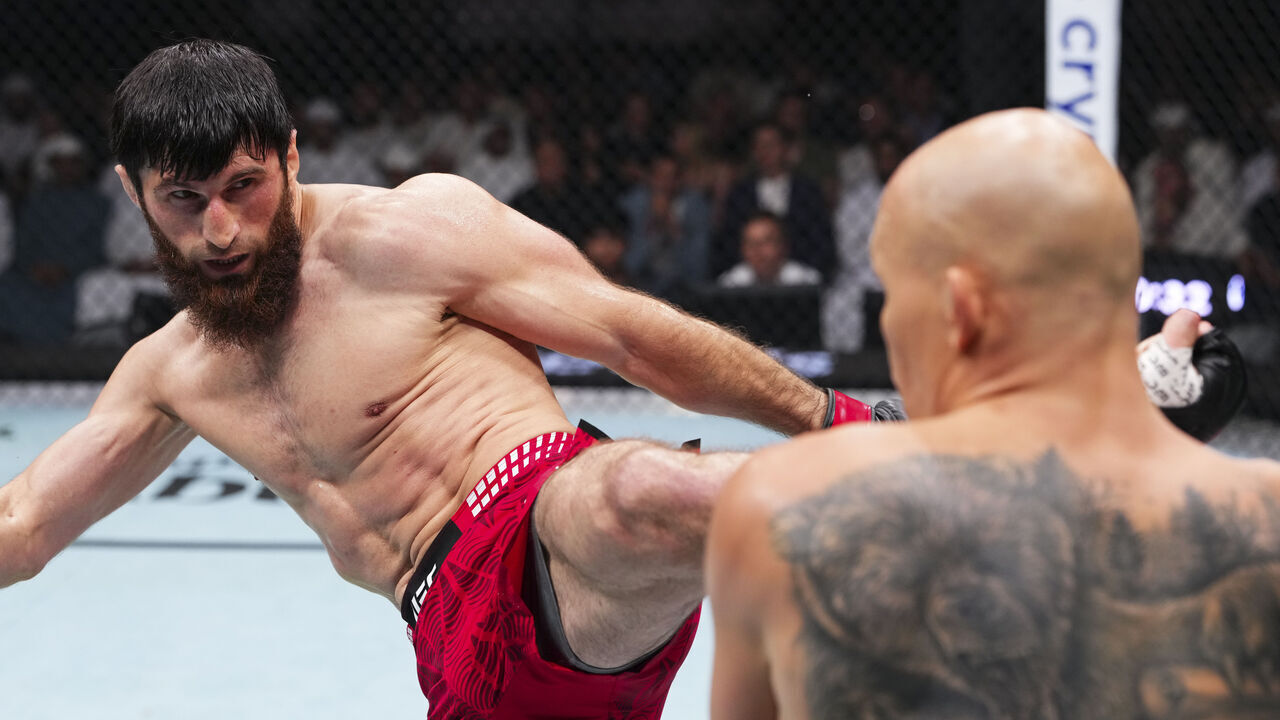 ABU DHABI, UNITED ARAB EMIRATES - JULY 24: Magomed Ankalaev throws a kick against Bogdan Guskov in their light heavyweight fight during the UFC Fight Night event at Etihad Arena July 24, 2026 in Yas Island, Abu Dhabi, United Arab Emirates.