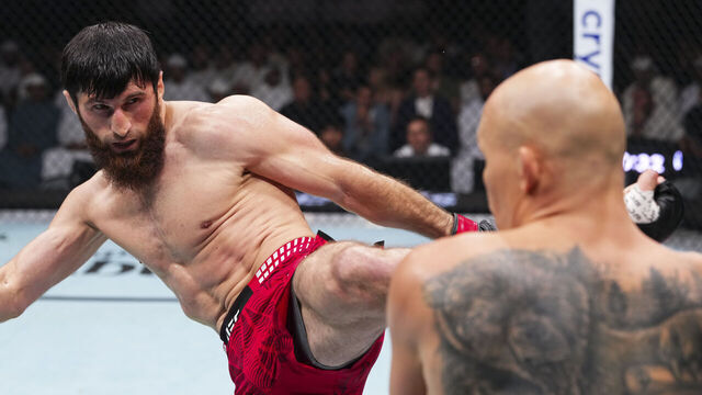 ABU DHABI, UNITED ARAB EMIRATES - JULY 24: Magomed Ankalaev throws a kick against Bogdan Guskov in their light heavyweight fight during the UFC Fight Night event at Etihad Arena July 24, 2026 in Yas Island, Abu Dhabi, United Arab Emirates.