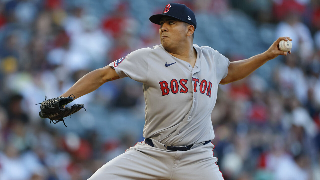 ANAHEIM, CALIFORNIA - JULY 5: Ranger Suarez #55 of the Boston Red Sox throws a pitch in the second inning during a game against the Los Angeles Angels at Angel Stadium of Anaheim on July 5, 2026 in Anaheim, California.