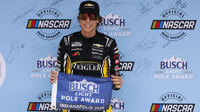 INDIANAPOLIS, IN - JULY 25: Carson Hocevar (77) Spire Motorsports Chevrolet SS wins the pole for the NASCAR Cup Series Brickyard 400 on July 25, 2026 at Indianapolis Motor Speedway in Indianapolis, IN.