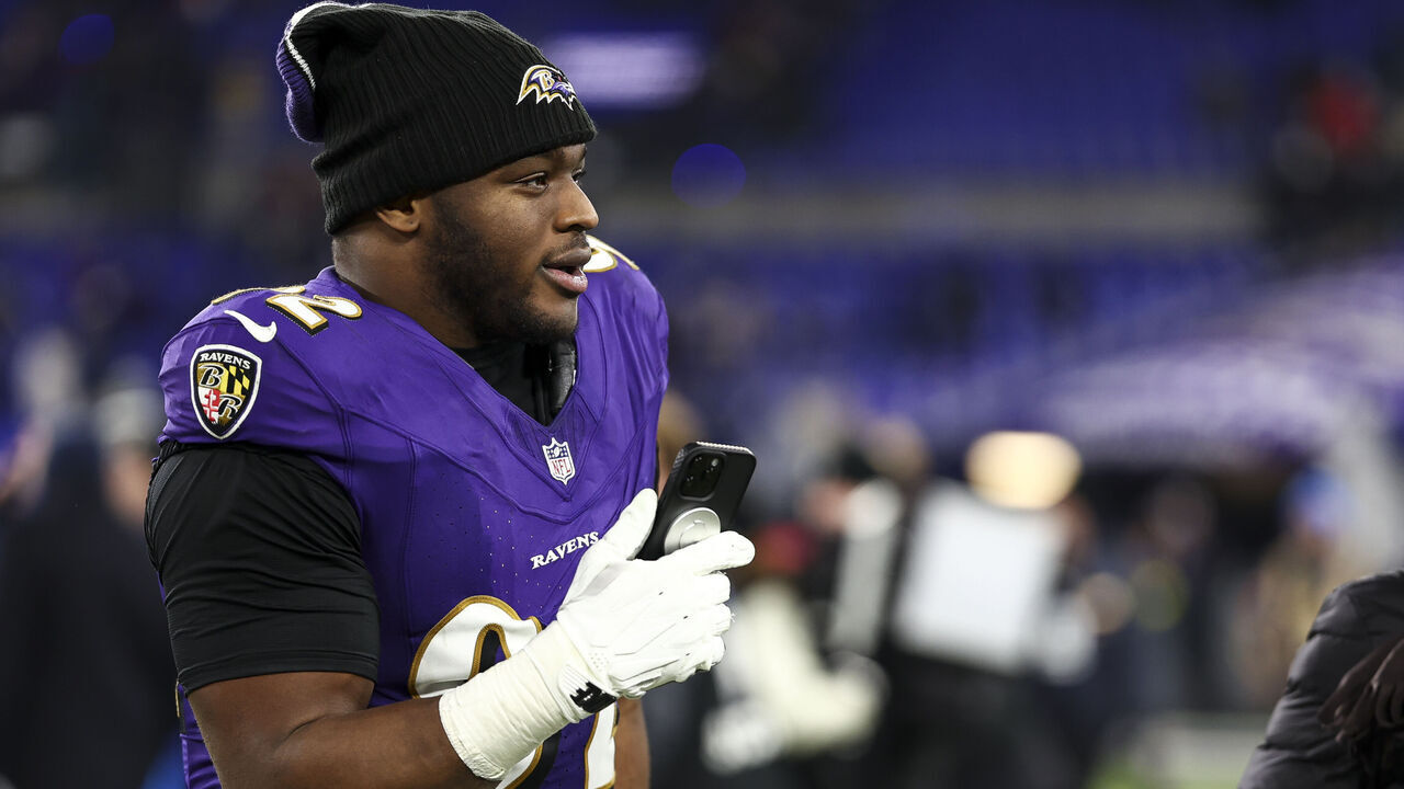 BALTIMORE, MARYLAND - JANUARY 11: Nnamdi Madubuike #92 of the Baltimore Ravens celebrates after an NFL football wild card playoff game against the Pittsburgh Steelers at M&T Bank Stadium on January 11, 2025 in Baltimore, Maryland.