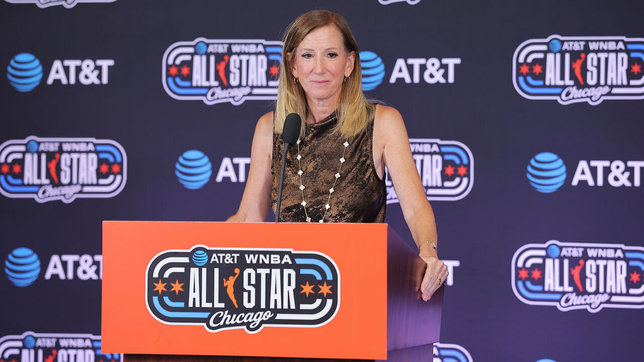 CHICAGO, IL - JULY 25: WNBA Commissioner Cathy Engelbert talks to media during a press conference before the AT&T WNBA All-Star Game 2026 on July 25, 2026 at United Center in Chicago, IL. Mandatory Copyright Notice: Copyright 2026 NBAE