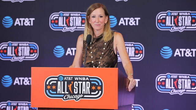 CHICAGO, IL - JULY 25: WNBA Commissioner Cathy Engelbert talks to media during a press conference before the AT&T WNBA All-Star Game 2026 on July 25, 2026 at United Center in Chicago, IL. Mandatory Copyright Notice: Copyright 2026 NBAE