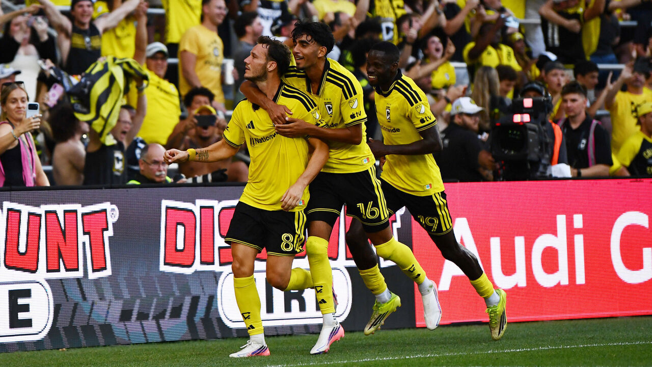 COLUMBUS, OHIO - JULY 25: Daniel Gazdag #8 of Columbus Crew celebrates with teammates after scoring the team's second goal during the MLS match between Columbus Crew and FC Cincinnati at ScottsMiracle-Gro Field on July 25, 2026 in Columbus, Ohio.