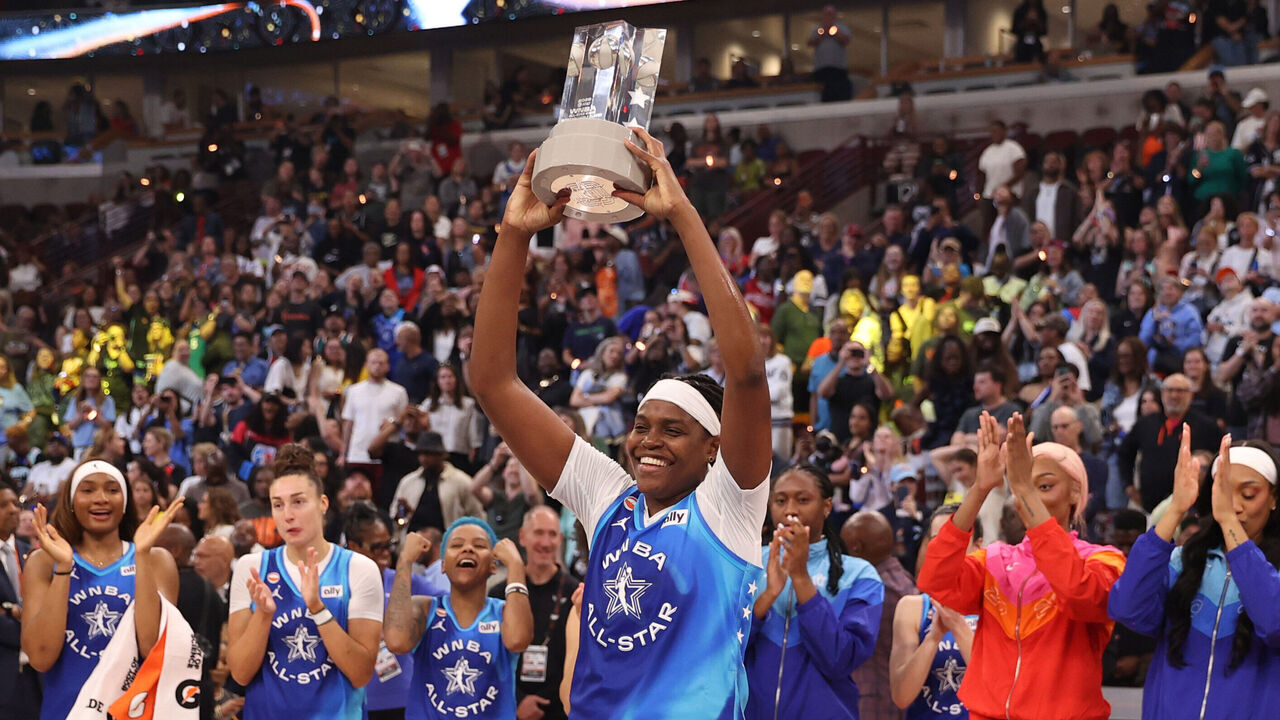 CHICAGO, IL - JULY 25: Jonquel Jones #35 of Team Spoon celebrates after winning the 2026 AT&T WNBA All-Star Game MVP on July 25, 2026 at United Center in Chicago, IL. Mandatory Copyright Notice: Copyright 2026 NBAE