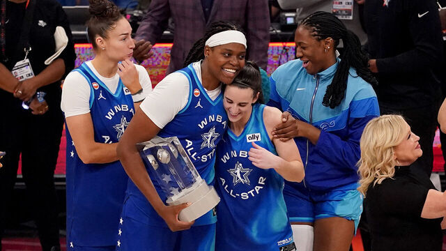 CHICAGO, ILLINOIS - JULY 25: Jonquel Jones #35 of Team Spoon celebrates with Caitlin Clark #22 after receiving the MVP Award after the 2026 AT&T WNBA All-Star Game at the United Center on July 25, 2026 in Chicago, Illinois.