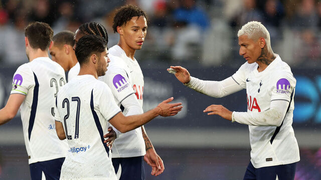 AUCKLAND, NEW ZEALAND - JULY 26: Richarlison of Tottenham Hotspur celebrates his goal (R) during the pre-season friendly match between Auckland FC and Tottenham Hotspur at Eden Park on July 26, 2026 in Auckland, New Zealand.