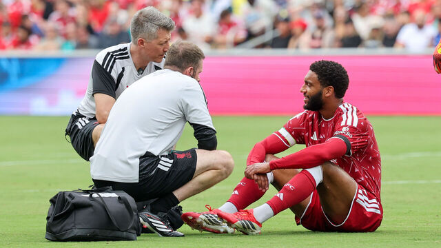 NASHVILLE, TENNESSEE - JULY 25: Liverpool's Joe Gomez is injured during the pre-season friendly match between Liverpool FC and Sunderland AFC at GEODIS Park on July 25, 2026 in Nashville, Tennessee.