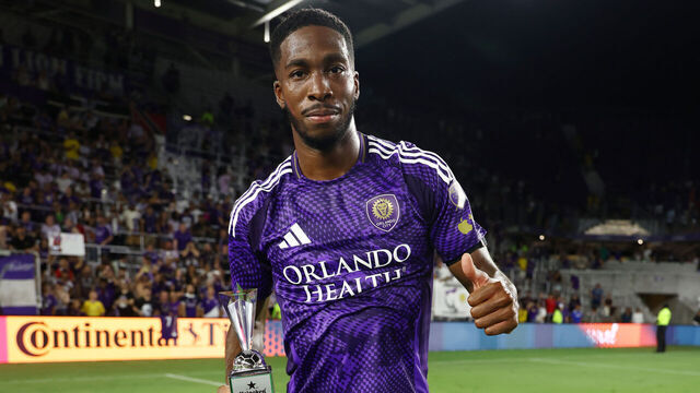 ORLANDO, FLORIDA - JULY 25: Tyrese Spicer #14 of Orlando City poses with the player of the match award after the MLS match between Orlando City SC and Nashville SC at Inter&Co Stadium on July 25, 2026 in Orlando, Florida.