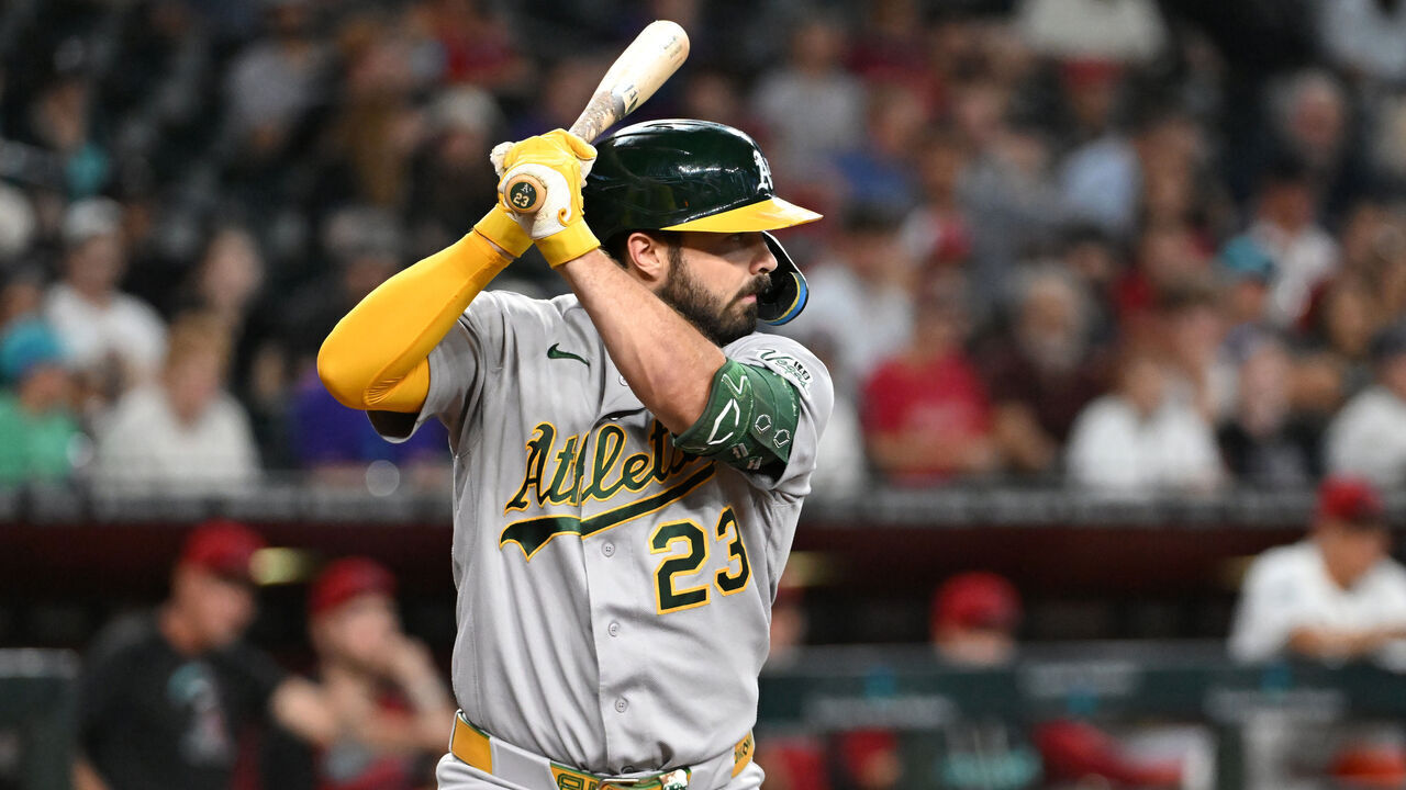 PHOENIX, ARIZONA - JULY 22: Shea Langeliers #23 of the Athletics gets ready in the batters box against the Arizona Diamondbacks at Chase Field on July 22, 2026 in Phoenix, Arizona.
