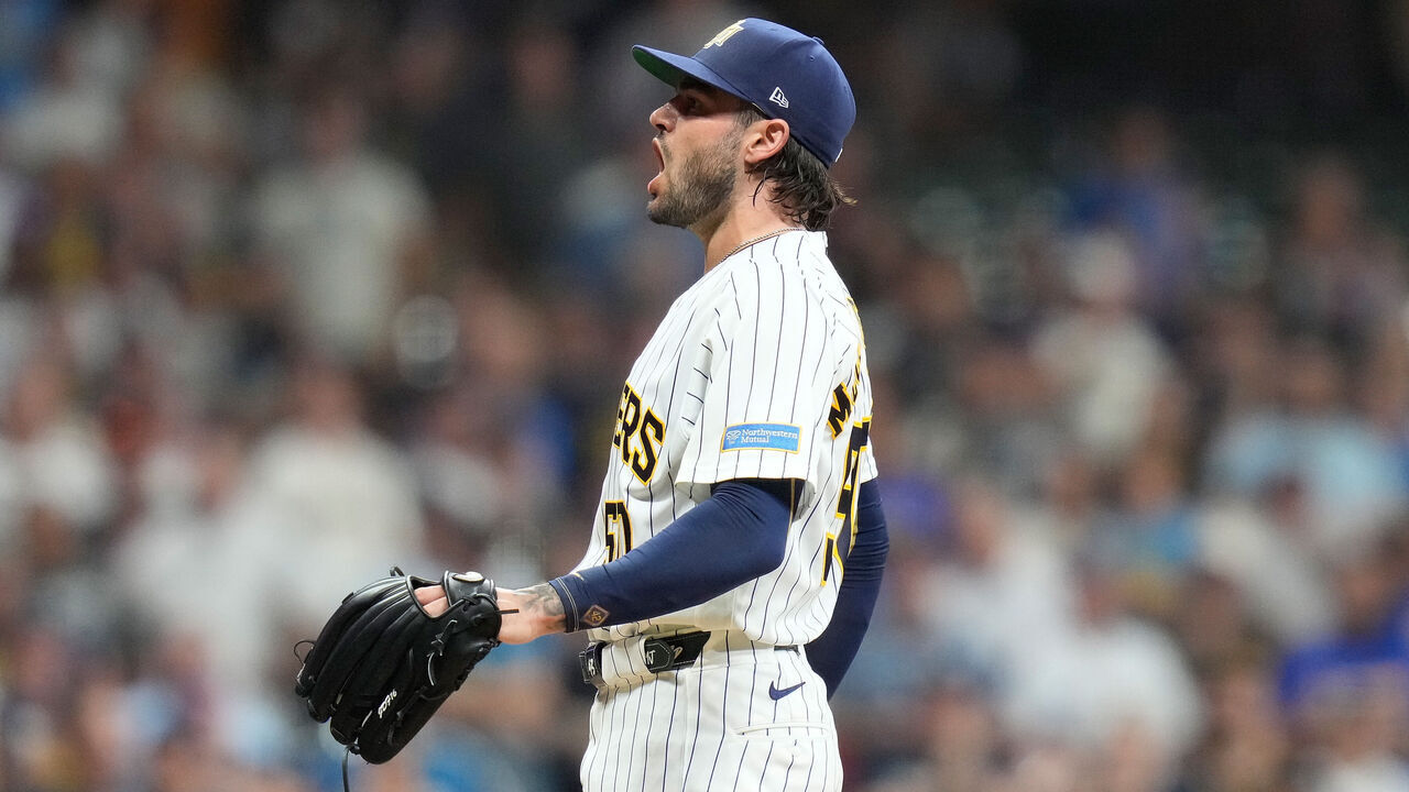 MILWAUKEE, WISCONSIN - JULY 25: Lance McCullers Jr. #50 of the Milwaukee Brewers reacts after a pitch in the ninth inning against the Colorado Rockies at American Family Field on July 25, 2026 in Milwaukee, Wisconsin.