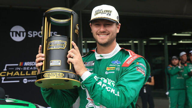 INDIANAPOLIS, INDIANA - JULY 26: Todd Gilliland, driver of the #34 Grillo's Pickles Ford, celebrates winning the NASCAR inaugural one million dollar In-Season Challenge after the NASCAR Cup Series Brickyard 400 at Indianapolis Motor Speedway on July 26, 2026 in Indianapolis, Indiana.