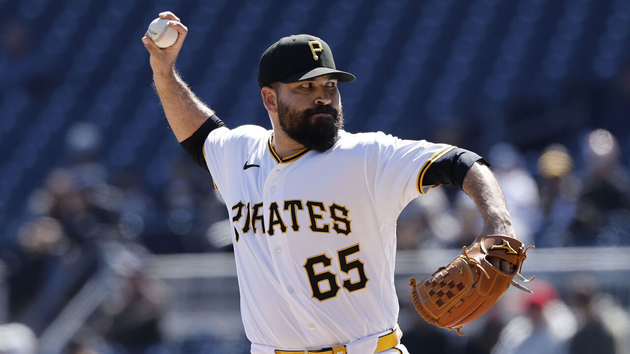 PITTSBURGH, PA - APRIL 08: José Urquidy (65) of the Pittsburgh Pirates delivers a pitch during a game against the San Diego Padres on April 08, 2026 at PNC Park in Pittsburgh, Pennsylvania.