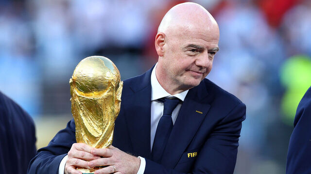 EAST RUTHERFORD, NEW JERSEY - JULY 19: FIFA President Gianni Infantino holds the trophy at full-time following the FIFA World Cup 2026 Final match between Spain and Argentina at New York New Jersey Stadium on July 19, 2026 in East Rutherford, New Jersey.